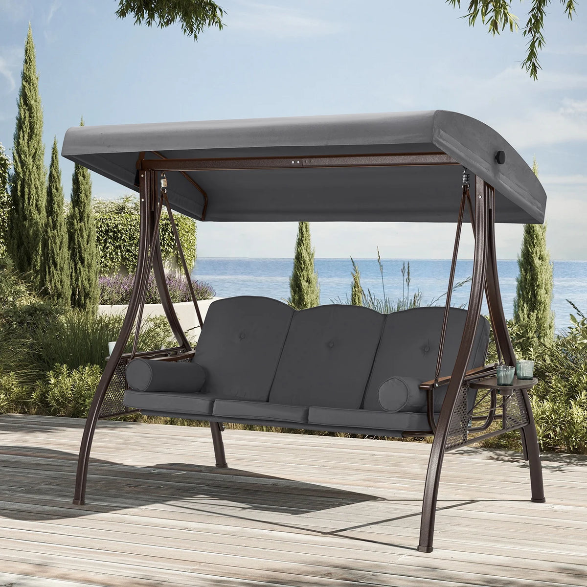 Homrest 3 Person Patio Outdoor Porch Swing with Adjustable Canopy, Backrest, Swing Bed with Stand for Garden,Deck