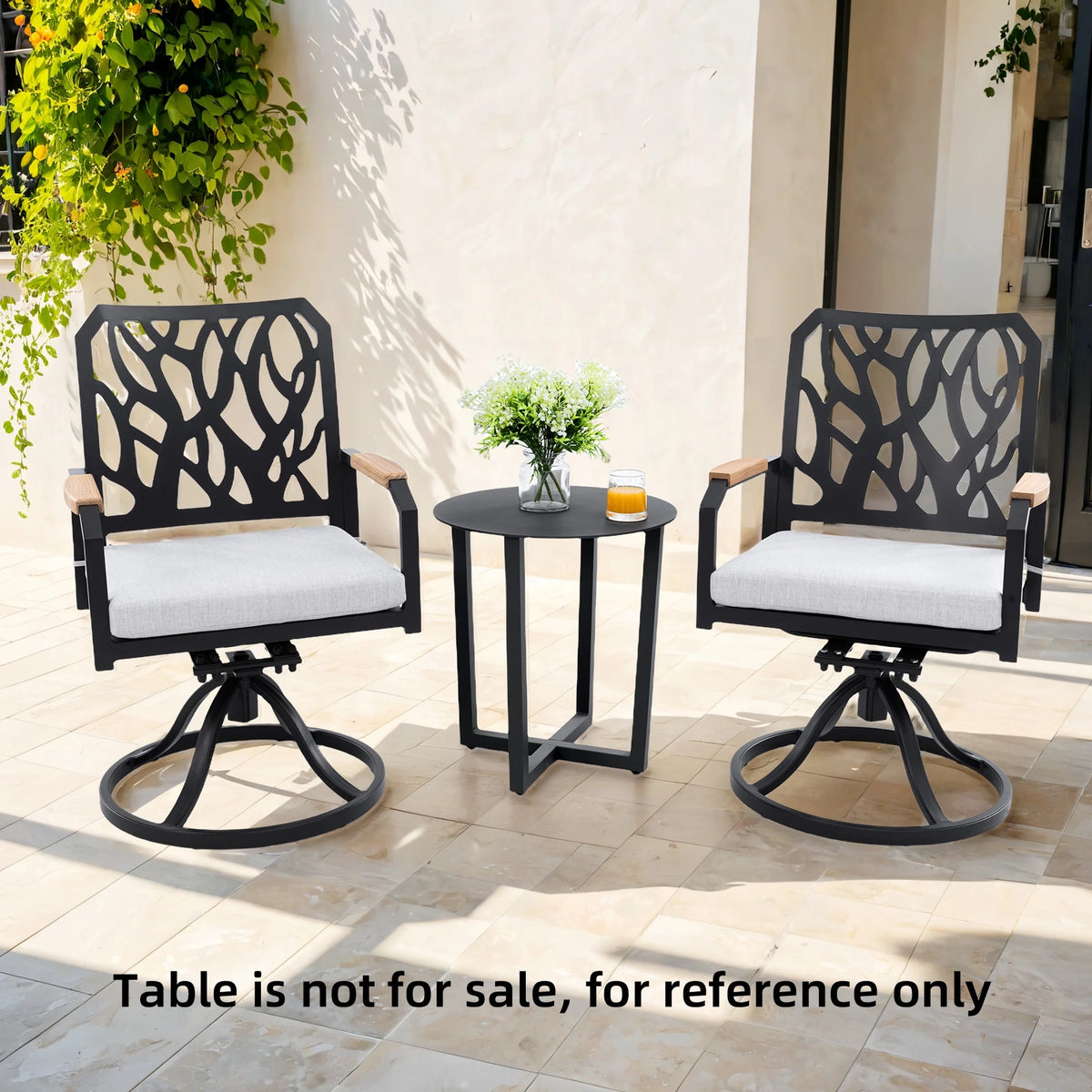 Outdoor Patio K/D Aluminum Stationary Dining Chairs 2PCS with Outdoor-grade Sunbrella Fabric Cushions, Branch-Like Backrest ,FSC-Certified Wood Armrests, Bourbon Brown