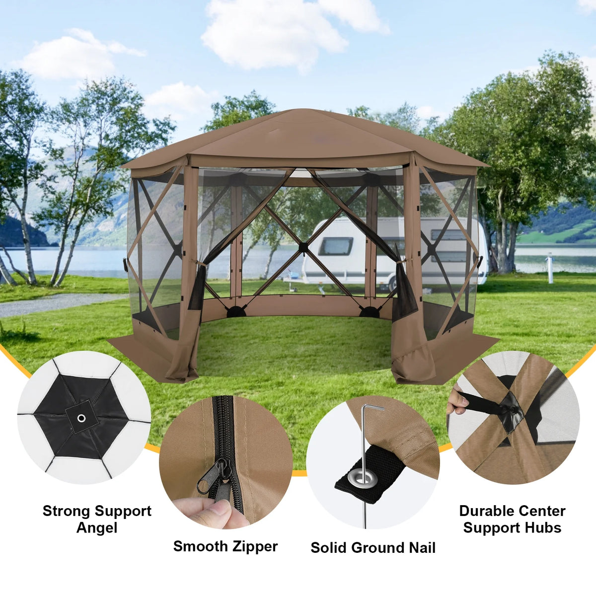 COBIZI 12'x12' Pop-up Gazebo Outdoor Camping Tent with 6 Sides Mosquito Netting, Waterproof, UV Resistant, Portable Screen House Room, Easy Set-up Party Tent with Carry bag, Ground Spike, Brown
