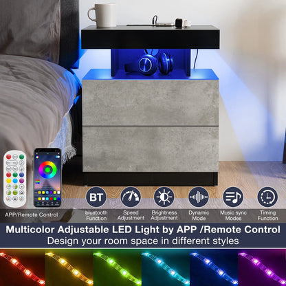 Hommpa LED Nightstand with Wireless Charging Station Modern Nightstand Type C USB Port 2 Drawers Bedside Table Black Smart Night Table High Gloss End Side Table for Bedroom Furniture 22.3" Tall