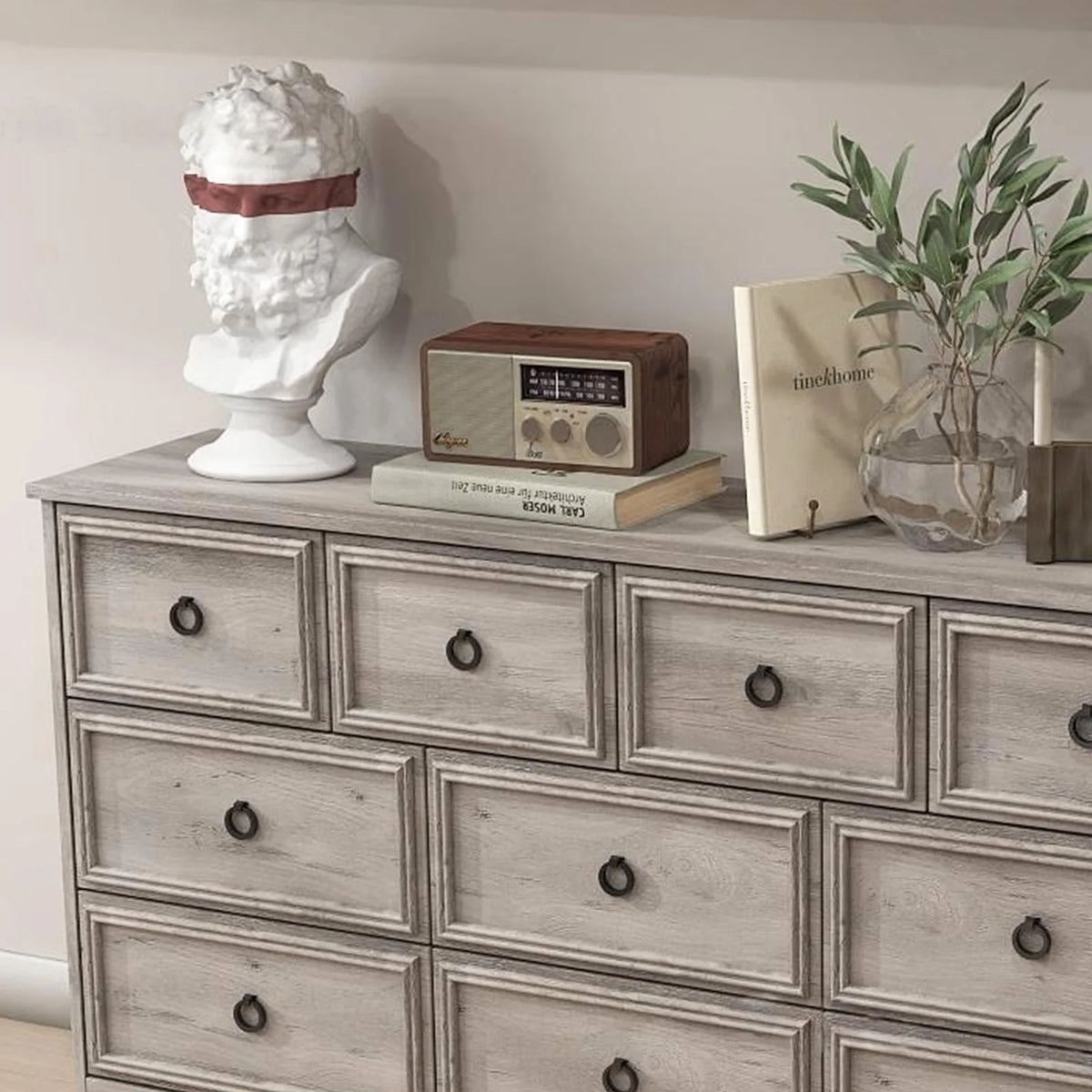 HUJAUU Dresser TV Stand with 10 Drawers Dresser for Bedroom, Wood Chest of Drawers Storage Organizer for Living Room, Hallway, Gray