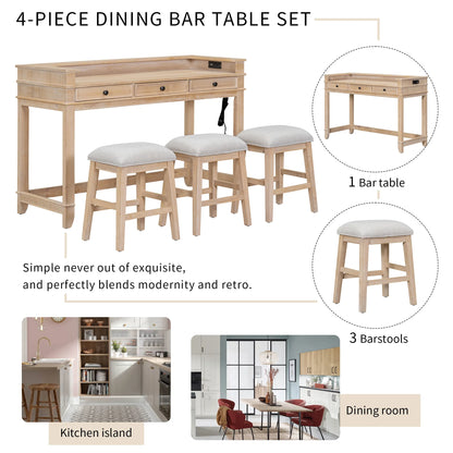 Harper & Bright Designs 4 Piece Bar Table Set for 4, Kitchen Dining Stools Set with 3 Upholstered Stools with 3 Drawers and USB Port, Gray