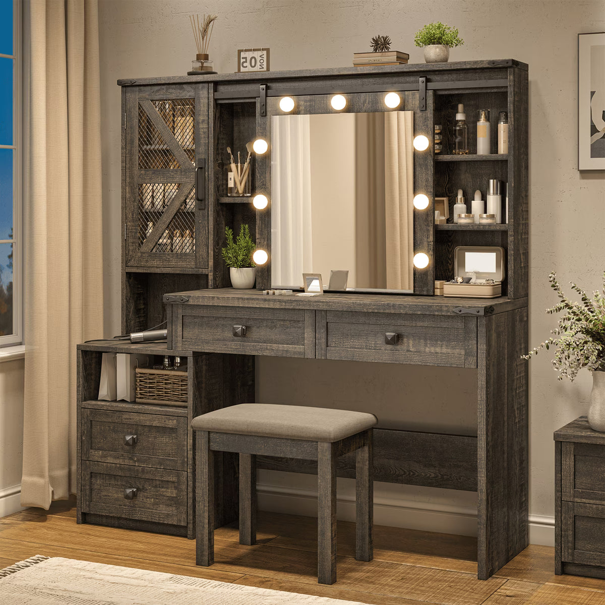 EnHomee Makeup Vanity Desk with Lighted Mirror Large Vanity with 4 Drawers Farmhouse Vanity Set with Mirror and Lights,White