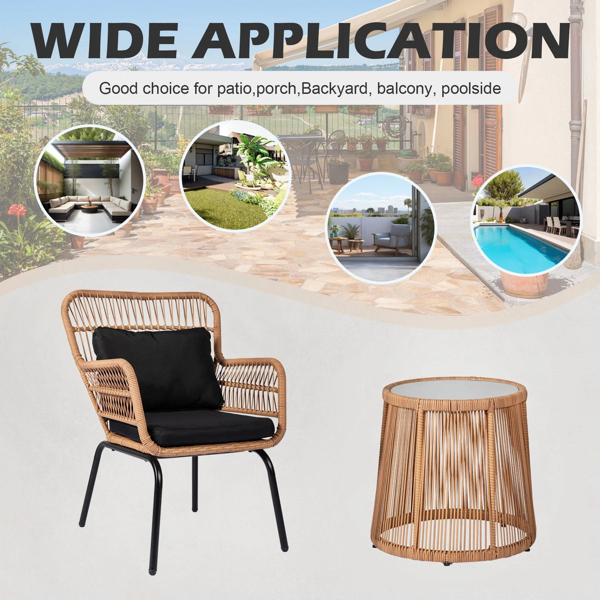 Tappio 3-Piece Patio Conversation Bistro Set Rattan Furniture, Outdoor Patio Set w/Glass Top Table & Cushions for Garden Balcony Backyard Poolside, Yellow/Beige