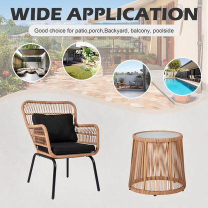 Tappio 3-Piece Patio Conversation Bistro Set Rattan Furniture, Outdoor Patio Set w/Glass Top Table & Cushions for Garden Balcony Backyard Poolside, Yellow/Beige