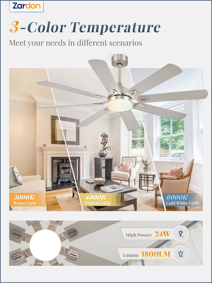 Zardon 62" Black Modern Ceiling Fan with Light and Remote Control, Reversible Quiet DC Motor, Bright LED Light, 6-Speed, Timer for Bedroom, Living Room