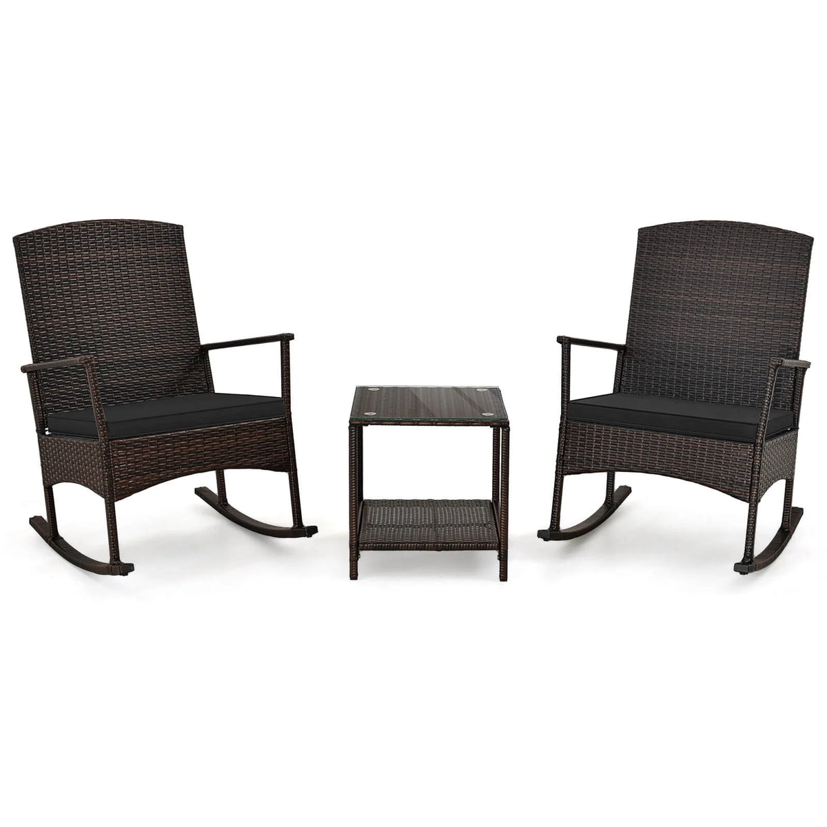 Costway Serenity 3 Piece Patio Rocking Wicker Rockers with White Cushions 2 Tier Coffee Table