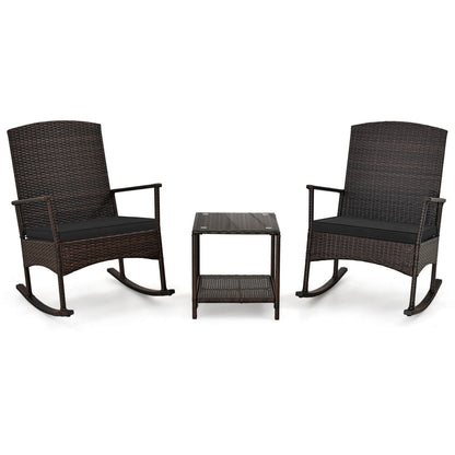Costway Serenity 3 Piece Patio Rocking Wicker Rockers with White Cushions 2 Tier Coffee Table