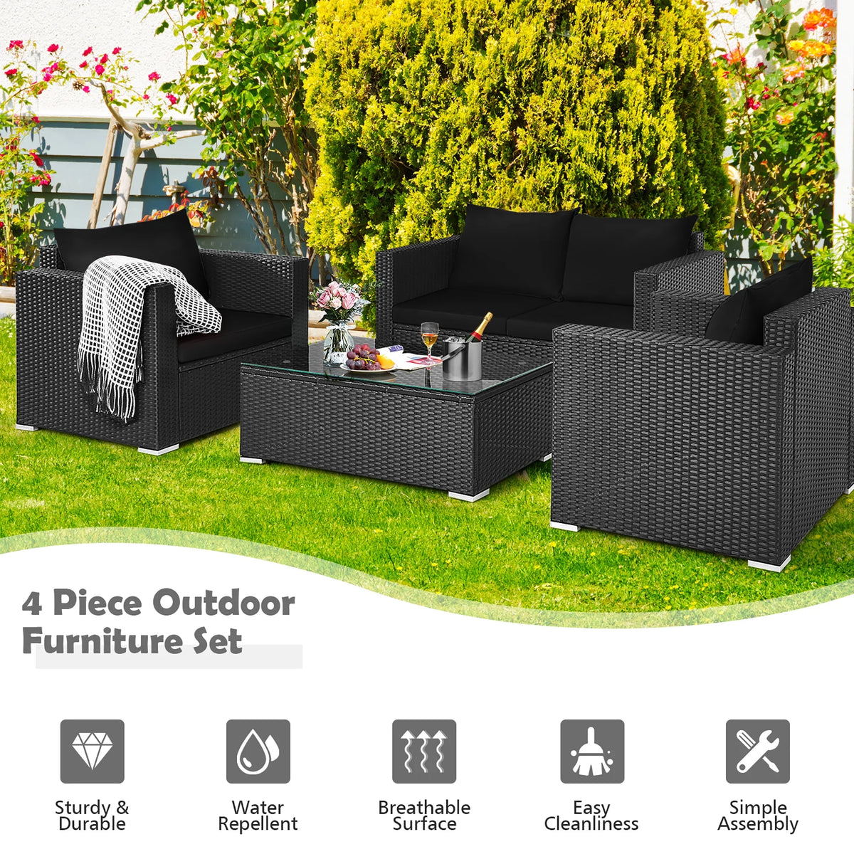 Costway 4PCS Patio Rattan Furniture Set Cushioned Sofa Chair Coffee Table Black