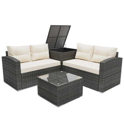 SEGMART 4 Piece Patio Furniture Set, All-Weather Outdoor Sectional Sofa Set, PE Rattan Conversation Set with Storage Box, Table & Cushions, Wicker Furniture Couch Set for Patio Deck Garden
