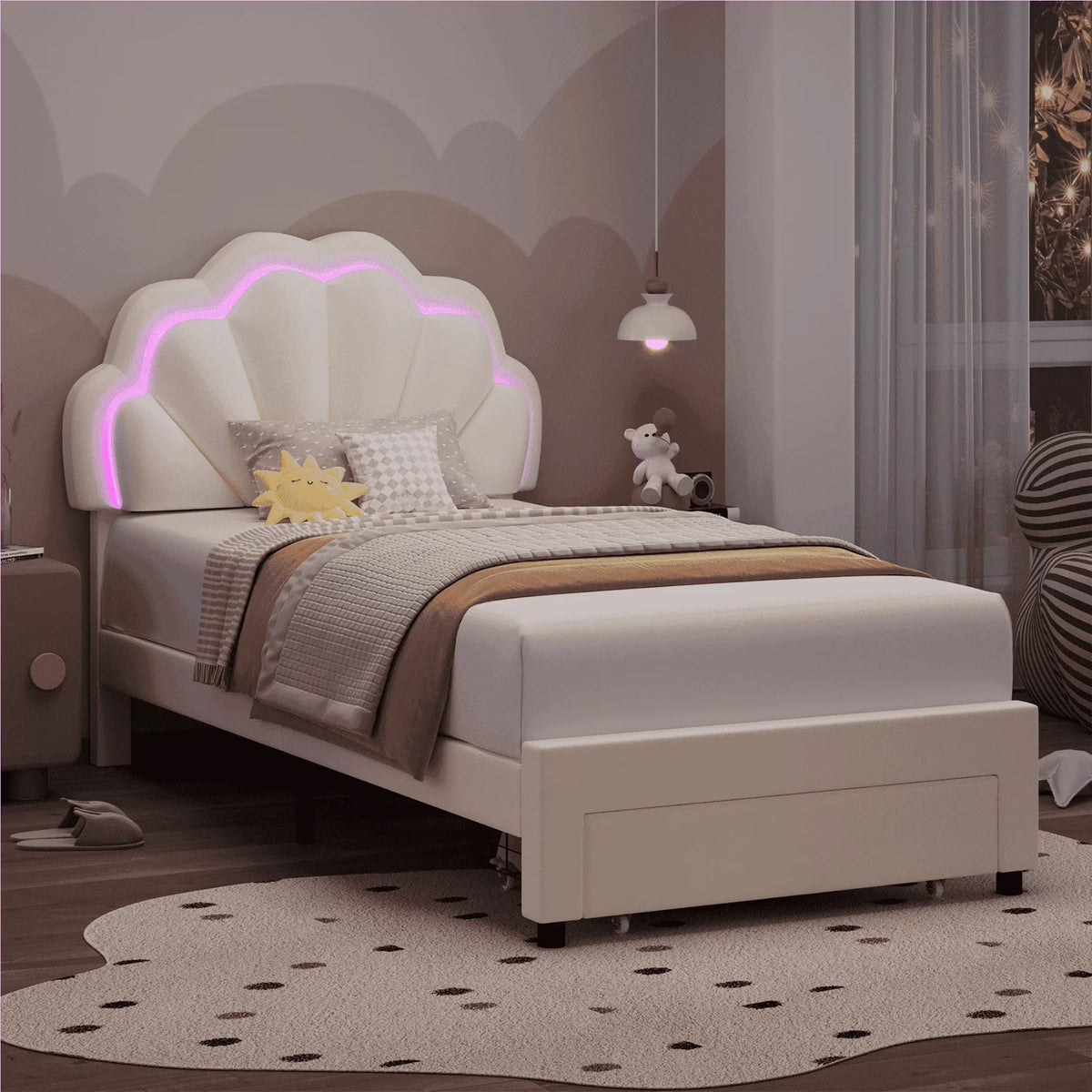 Homfa Twin Bed Frame with Storage & LED Light, Velvet Upholstered Platform Twin Bed with Adjustable Petal Headboard, Beige
