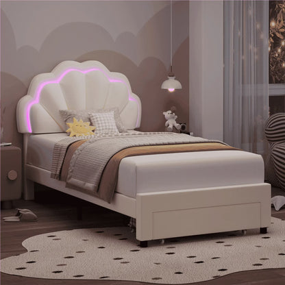 Homfa Twin Bed Frame with Storage & LED Light, Velvet Upholstered Platform Twin Bed with Adjustable Petal Headboard, Beige