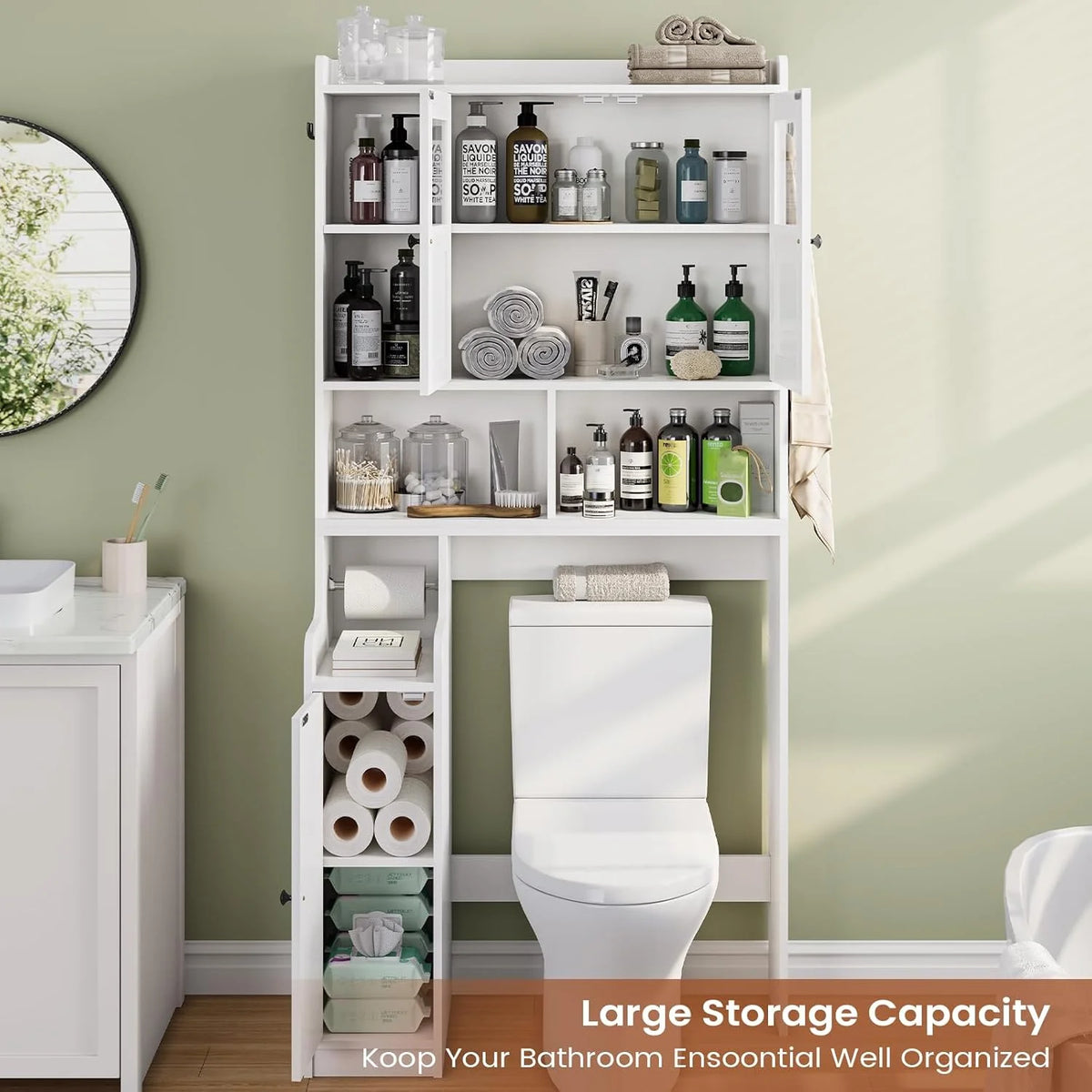 Over The Toilet Storage Cabinet with 3 Doors, Farmhouse Space Saver for Bathroom Organizer with Paper Holder, 10 Shelves and Hooks, 7-Tier Over Washing Machine Cabinet for Laundry, Bathroom, Natural