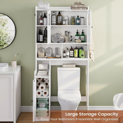 Over The Toilet Storage Cabinet with 3 Doors, Farmhouse Space Saver for Bathroom Organizer with Paper Holder, 10 Shelves and Hooks, 7-Tier Over Washing Machine Cabinet for Laundry, Bathroom, Natural