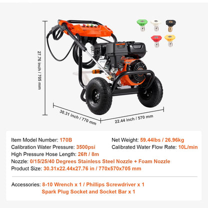 KFFKFF 3600 PSI 2.6 GPM Gas Pressure Washer w/26 ft High Pressure Hose 5 Nozzles Gas Powered Washer