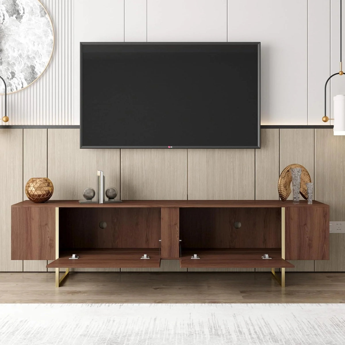 Tv Stand 71�� with Gold Legs and Two Spacious Doors (Walnut)