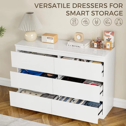 Selooye White Wood Dresser, 6 Drawer Dresser for Clothes Storage,Bedroom, Modern White Dresser with Wide Drawers, Wide Wooden Chest Drawers for Living Room, Entryway, TV Stand