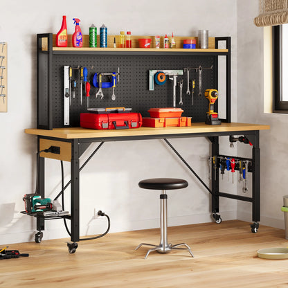 DEXTRUS Multifunctional Workbench with Wheels, 59.1" x 23.6" with Pegboard Worktable w/ Power Outlets, A3 Steel Work Bench For Garage max. Heavy Duty Workbench 2000lbs Weight Capacity
