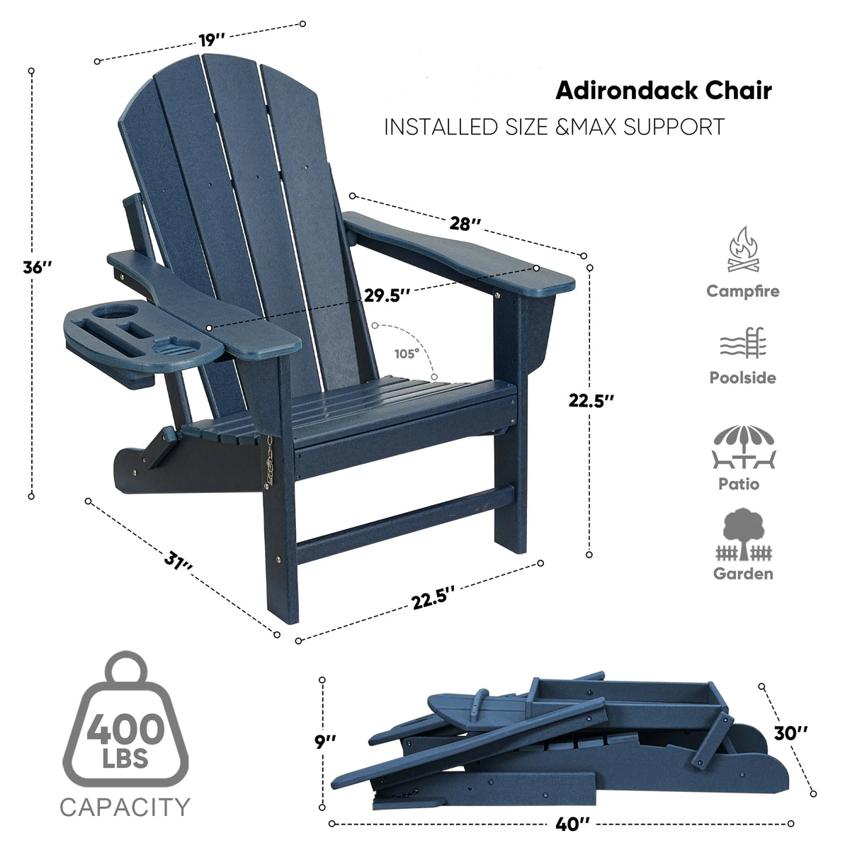 FOOWIN HDPE Plastic Adirondack Chairs Set of 4, Black