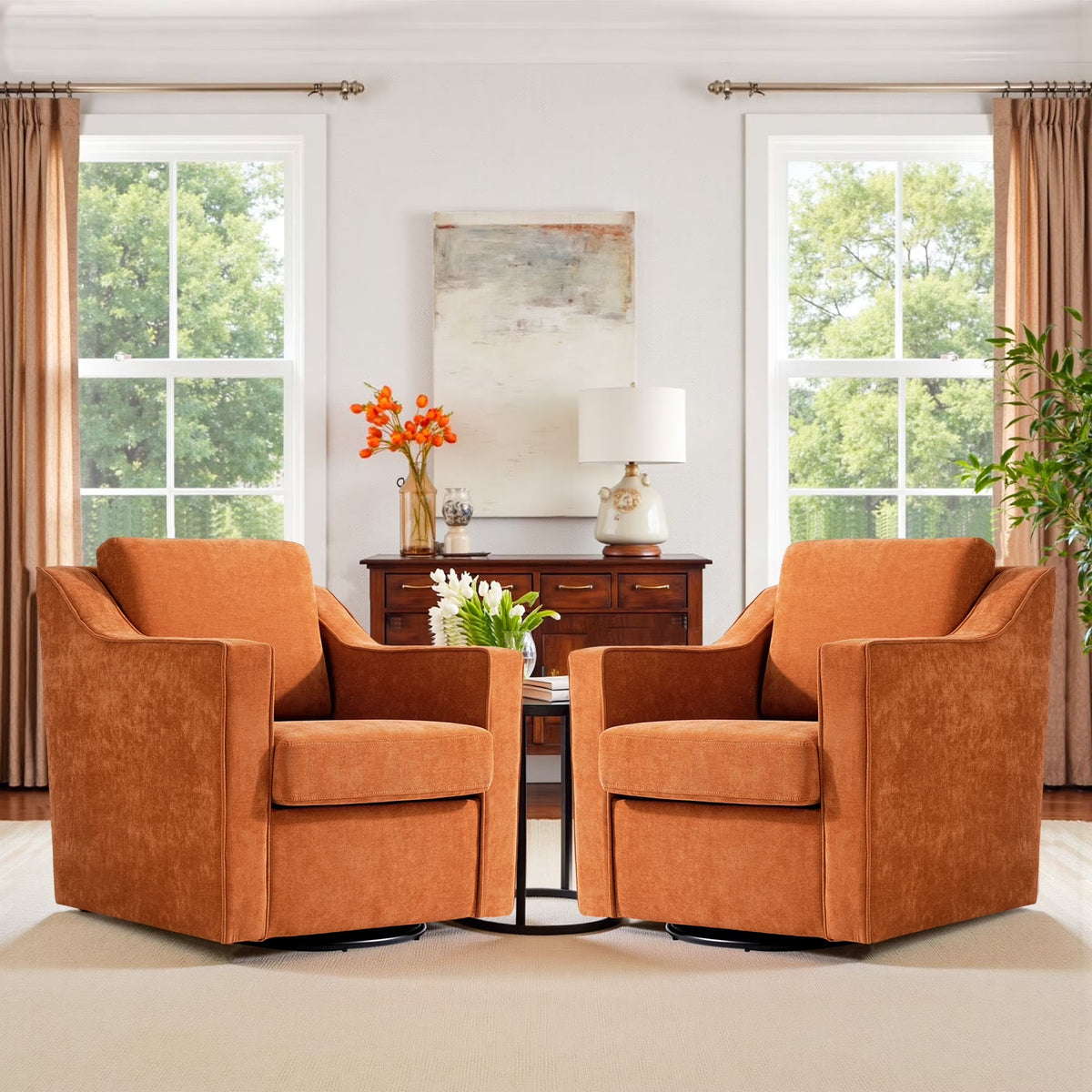 Swivel Accent Chair for Living Room, Modern Upholstered Barrel Arm Chair with Plump Back Pillow, Comfy Club Sofa Reading Chair for Adults (Chenille Navy, Set of 1)