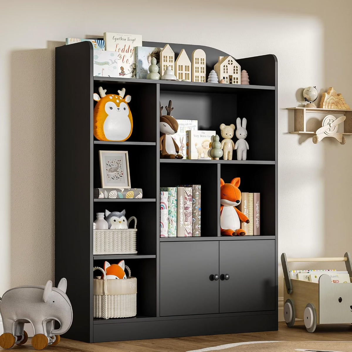 DIYART White Kids Bookshelf, Kids Bookcase with 7 Cubbies and 2 Cabinets, Freestanding Book Storage Shelves for Bedroom, Playroom, Hallway
