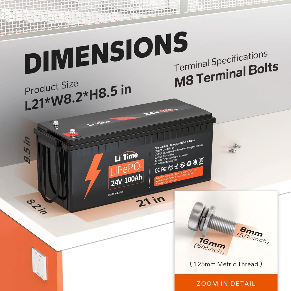 LiTime 24V 100Ah LiFePO4 Battery 100A BMS Max. 2560W Rechargeable Lithium Battery for Camper
