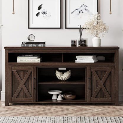 BELLEZE 58 Inch TV Stand, Contemporary Entertainment Center for TVs up to 65", Wood Media Console Table with Two Open Shelves and Barn Door Cabinets - Corin (White)
