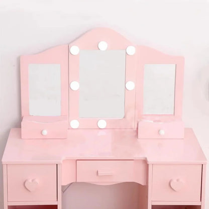 Zzistar Kids Vanity Table Set with Light, Tri-Folding Mirror, 5 Drawers and Square Stool, Wood Makeup Desk Dressing Table with Open Storage Shelves and Detachable Top