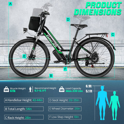 Gocio 26" Electric Bike for Adults, 500W Electric Cruiser Bike, 48V/7.8Ah Removable Battery, 7 Speed, City Commuting E-bike, UL2849