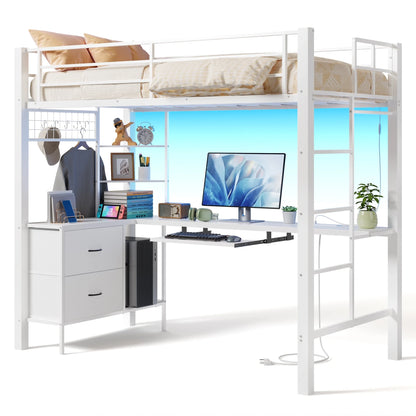 Lofka Twin Loft Bed with L-Shaped Desk, RGB Lights & Charging Station, 400lb Capacity Metal Frame, 3 Shelves & 2 Drawers, Easy Assembly��White