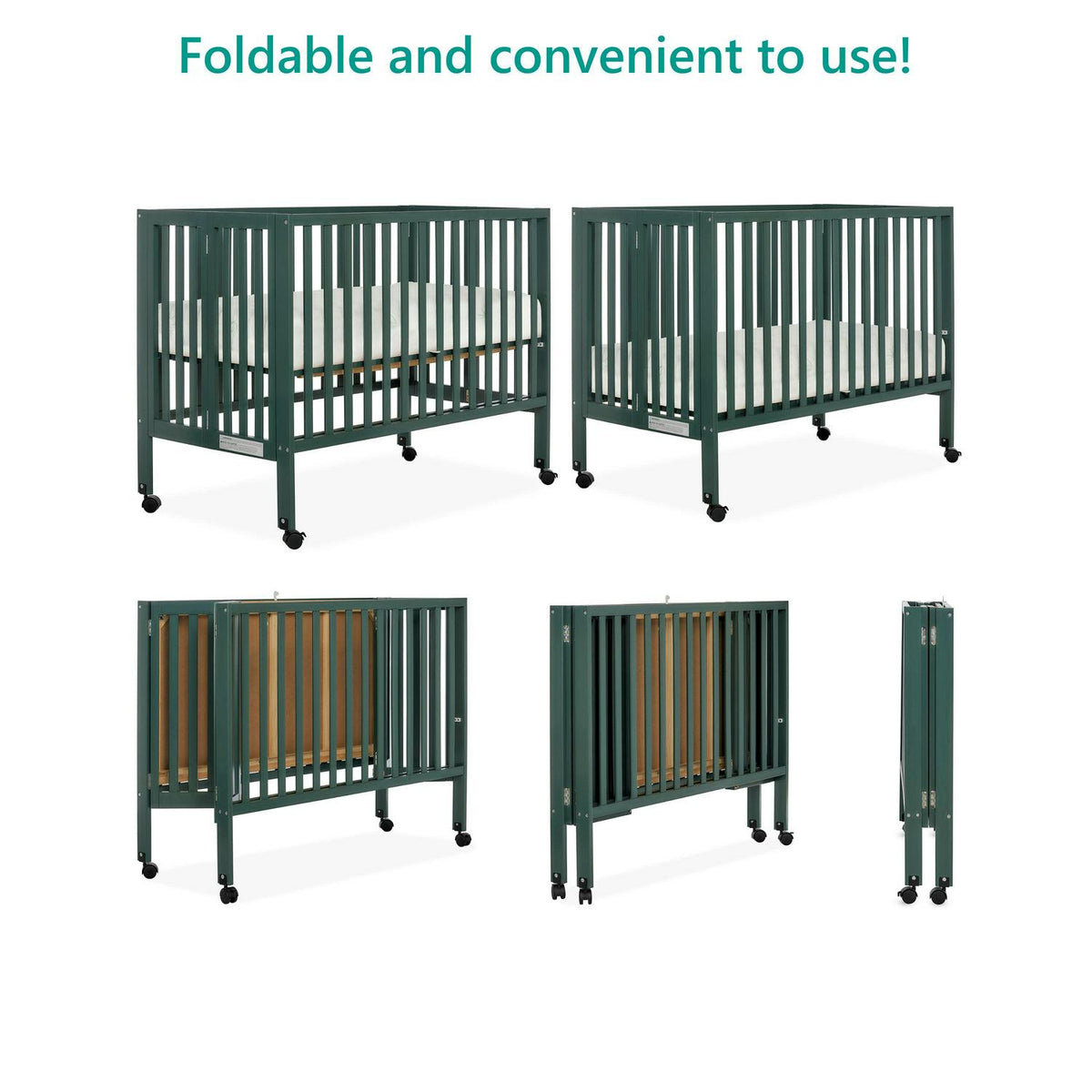 Dream On Me Quinn Full-Size Folding Crib. Removable Wheels. Modern Nursey. Adjustable Mattress Support. Patent Folding System in Olive