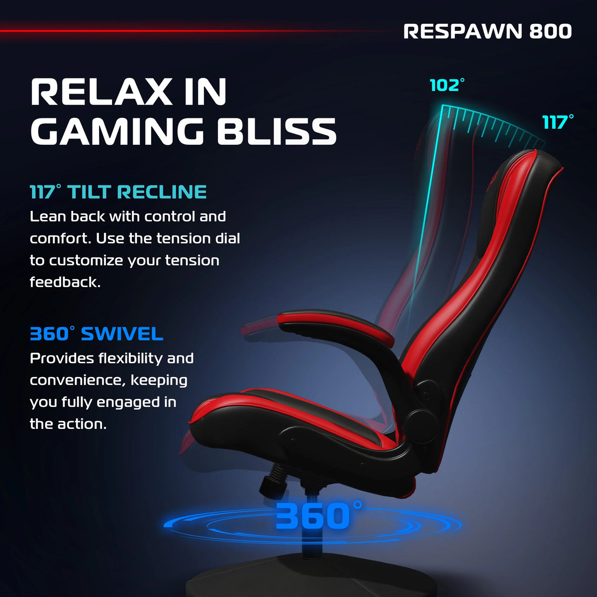 RESPAWN 800 Swivel Rocker Gaming Chair - Ergonomic Floor Gaming Seat with Lumbar Support, Flip Up Armrest, High Back, Pedestal Base, Comfortable No Wheels Console Video Game Rocker Chair - Red