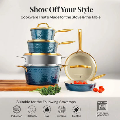 Gotham Steel Hammered 20 Pc Ceramic Cookware Set Nonstick, Induction Pots and Pans Set, Non Toxic Cookware Sets, Oven & Dishwasher Safe - Copper