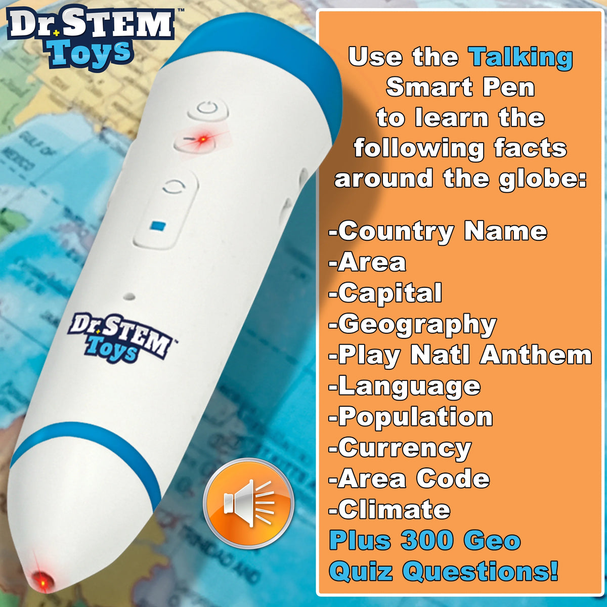 Dr. STEM: Interactive Talking Globe - Touch & Learn, Geographic Education Learning Set, Smart Pen, Electronic Game Panel, 300 Quiz Questions, Kids 6+