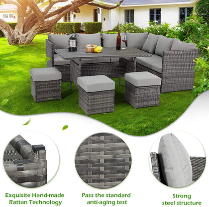 AECOJOY 7 Piece Patio Furniture Set PE Rattan Outdoor Dining Set Sectional Sofa Couch with Table Patio Conversation Set in Gray