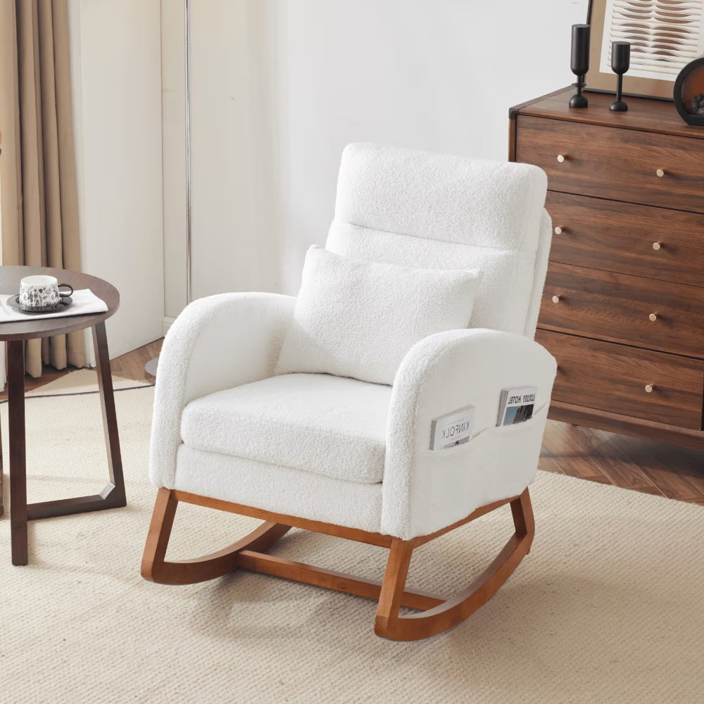 Hassch Upholstered Rocking Chair, Linen Fabric Glider Rocker with High Back, Accent Chair with Solid Wood Base, Reading Chair with Side Pocket for Living Room Bedroom Balcony, Gray