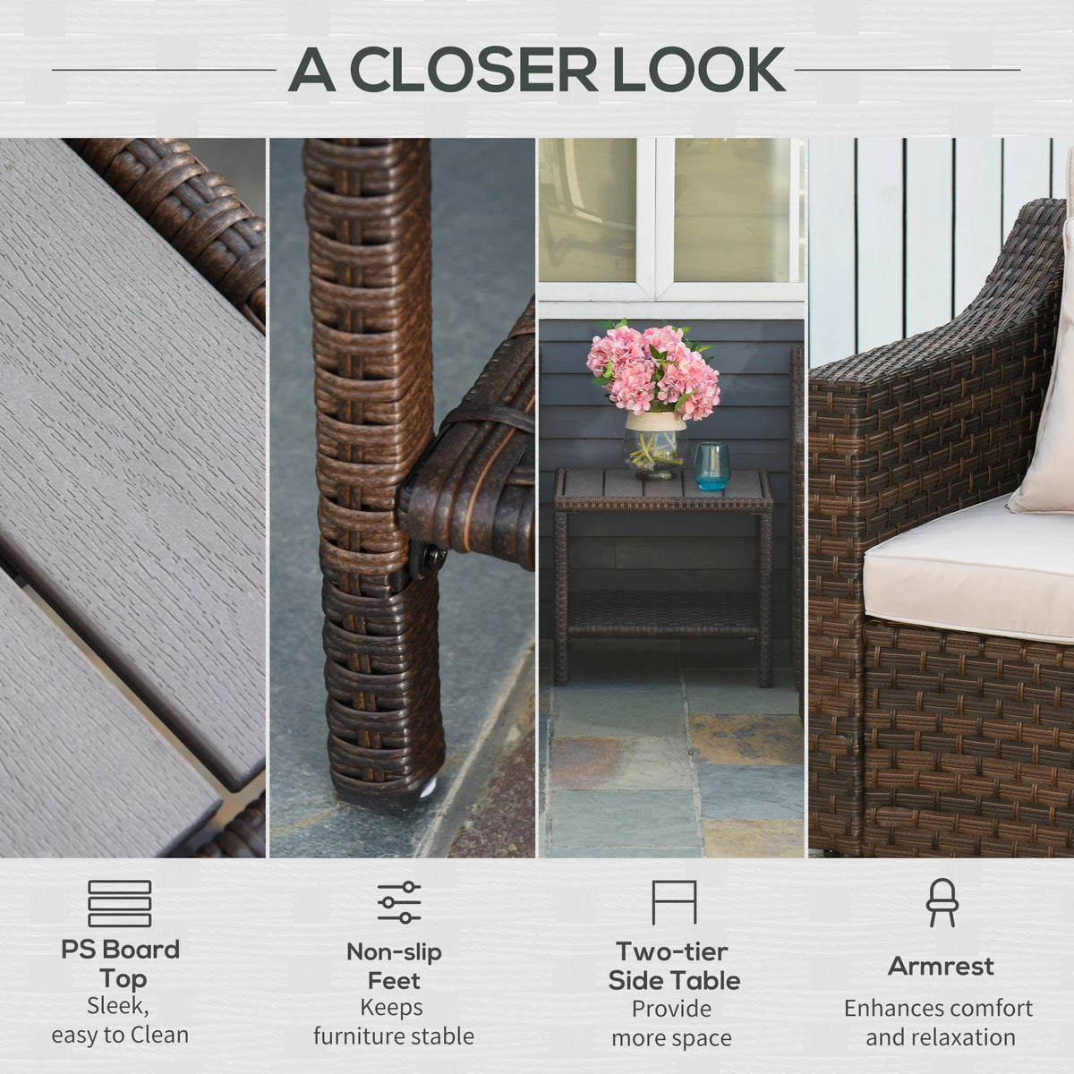 Outsunny 5 Piece Patio Furniture Set, All Weather PE Rattan Conversation Chair & Ottoman Set w/ Table, Cushions & Pillows Included, Beige