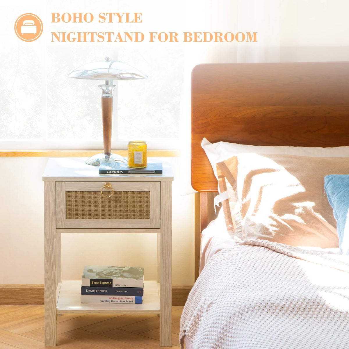 Surmoby Farmhouse Rattan Nightstand Set of 2,Boho Bedside Tables with Storage Drawer and Open Shelf - Side Table End Tables for Bedroom or Living Room