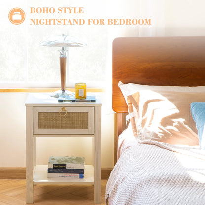 Surmoby Farmhouse Rattan Nightstand Set of 2,Boho Bedside Tables with Storage Drawer and Open Shelf - Side Table End Tables for Bedroom or Living Room