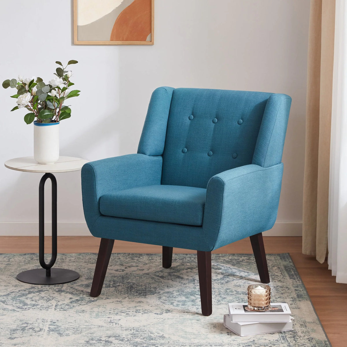 HUIMO  Accent Chair, Button-Tufted Upholstered  Living Room Chairs,  Mid Century Modern Comfy Reading Chairs for Bedroom, Living Room, Beige