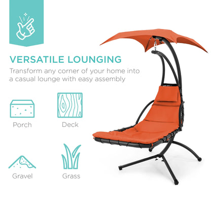Best Choice Products Hanging Curved Chaise Lounge Chair Swing for Backyard, Patio w/ Pillow, Shade, Stand - Teal