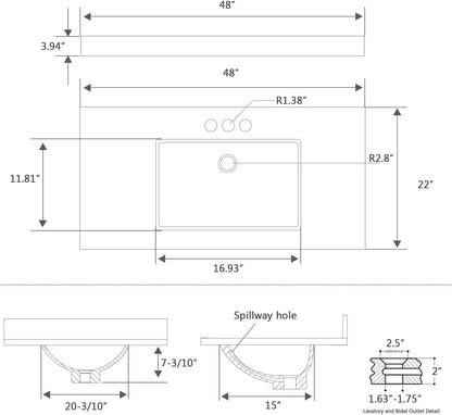 36x22 Engineered Stone Vanity Sink Top, White Bathroom Countertop with Undermount Left Sink, Vanity Top with 8 inch 3 Faucet Hole Spacing and Backsplash