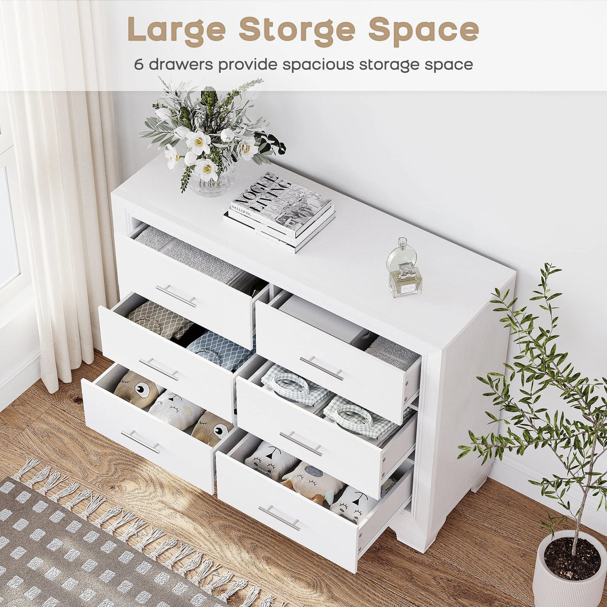 Homhougo White Dresser for Bedroom 6 Drawer, Wood Organizer Storage Cabinet with Gray Strip Drawer Door, Chest of Drawers for Closet, Living Room, Hallway, Nursery, Kids Bedroom