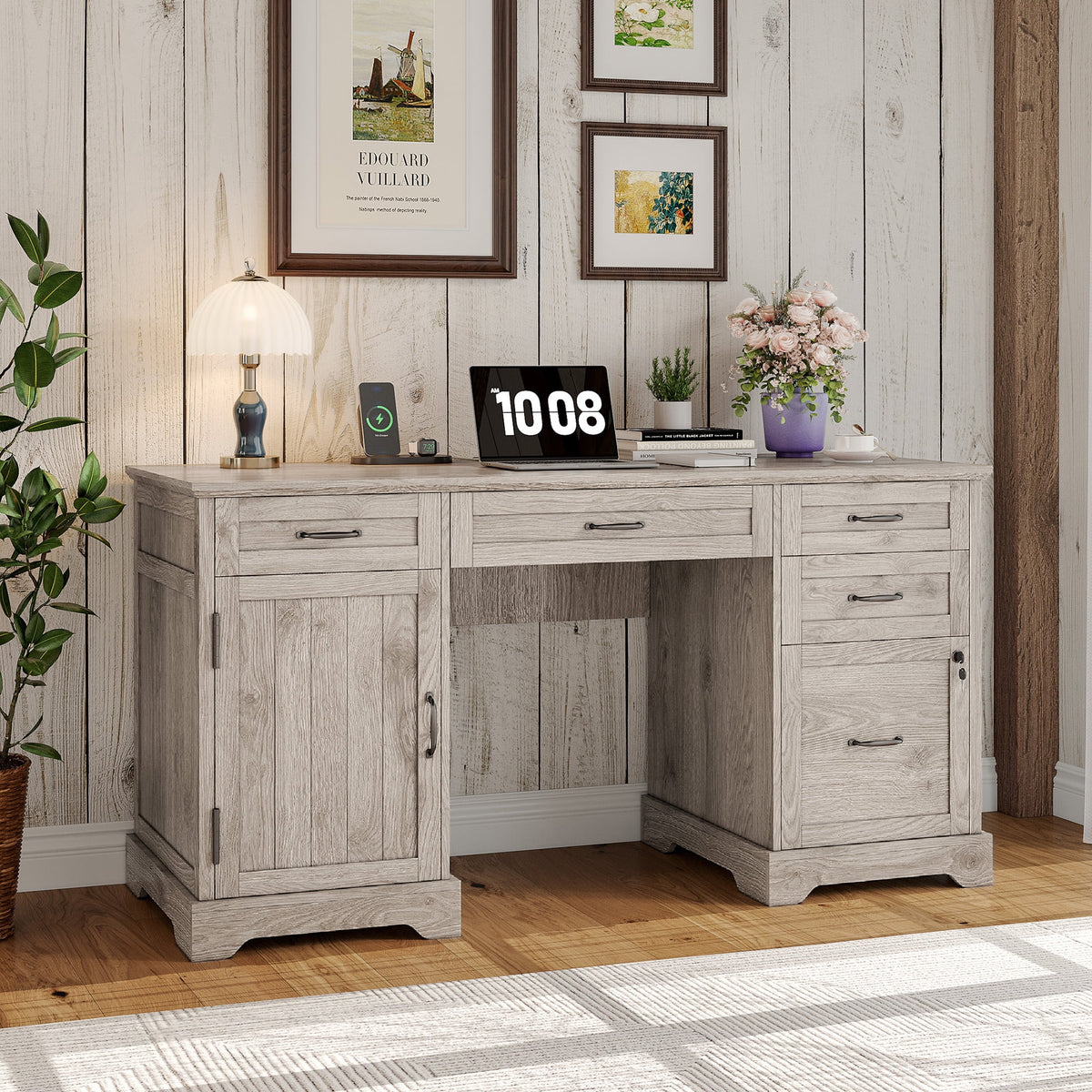 Whalefall 55 in Farmhouse Executive Desk with File Drawer for Adult Home Office, White