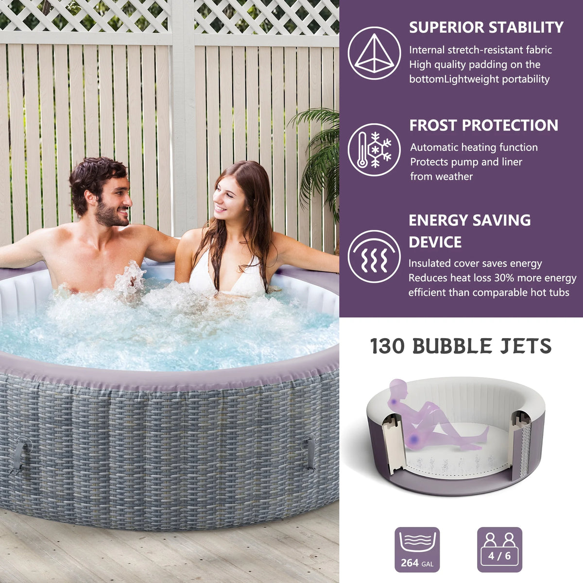 Portable Inflatable Hot Tub with Built-in Heating System - 264 Gallon Capacity, Massage Jet Home Hot Tub with Dust Cover for Teens and Adults, Wood Grain