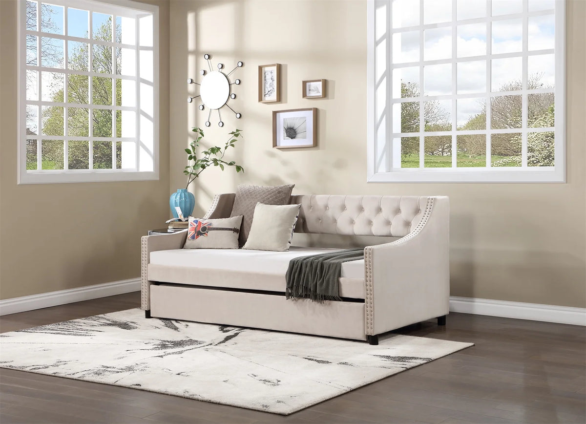 Daybed with Trundle, Twin Size Velvet Upholstered Daybed Frame with Tufted Button Back & Copper Nail on Arms, Wood Sofa Bed Frame for Living Room Bedroom, No Box Spring Needed, Grey