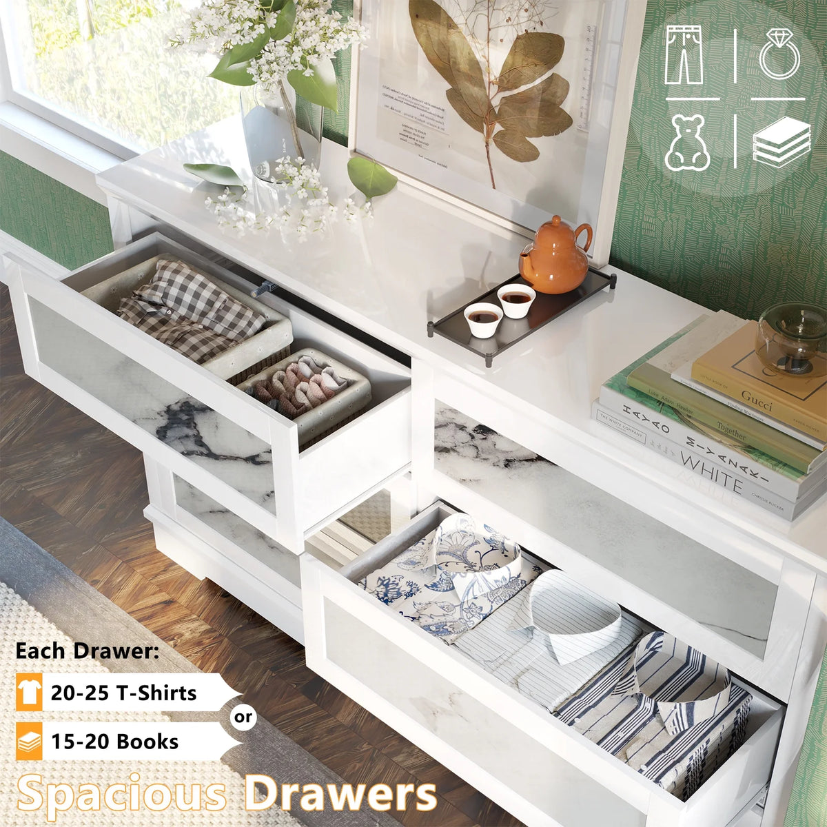 LUXOAK High-Gloss 6 Drawer Dresser, 54" Marble Chest of Drawers, Modern, White