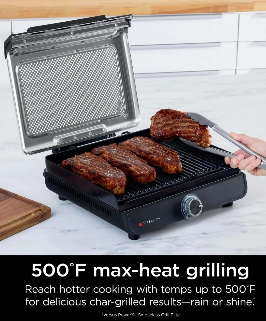 Ninja Sizzle Indoor Grill, 500��F High Heat Kitchen Grill with Nonstick 14 Inch Plate, Low-Smoke Technology, Edge-to-Edge Heating, Family-Sized Capacity, Countertop Cooking Tool (GR100)