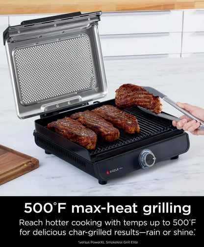 Ninja Sizzle Indoor Grill, 500��F High Heat Kitchen Grill with Nonstick 14 Inch Plate, Low-Smoke Technology, Edge-to-Edge Heating, Family-Sized Capacity, Countertop Cooking Tool (GR100)