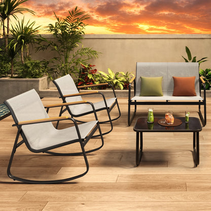 Patio Conversation Sets for 4, Lofka 4 Pieces Patio Furniture Sets with Rocking Bistro Fabric chairs, Garden Loveseat, Glass Coffee Table for Backyard, Poolside, Porch, Lawn, Black